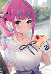 1girl absurdres alternate_costume black_bow blue_nails bow colored_inner_hair food highres hololive minato_aqua multicolored_hair nagata_gata parfait pink_hair purple_eyes shirt simple_background solo sweets twintails virtual_youtuber