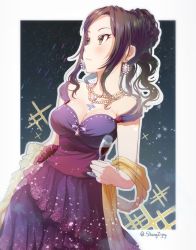 Rule 34 | 1girl, breasts, brown hair, cleavage, collarbone, cowboy shot, cup, dress, earrings, evening gown, green eyes, highres, holding, holding cup, idolmaster, idolmaster cinderella girls, jewelry, layered dress, long hair, medium breasts, mukai takumi, necklace, purple dress, sash, shangzi, shiny skin, sleeveless, sleeveless dress, solo, sparkle, standing, transparent, twitter username, white background