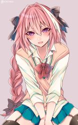 Rule 34 | 1boy, astolfo (fate), bad id, bad pixiv id, black bow, black thighhighs, blush, bow, braid, braided ponytail, crossdressing, fate/apocrypha, fate (series), hair ribbon, highres, long hair, looking at viewer, male focus, open mouth, pink hair, pleated skirt, ponytail, purple eyes, red bow, ribbon, school uniform, shisei (kyuushoku banchou), simple background, single braid, skirt, solo, thighhighs, trap