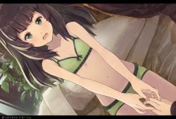 Rule 34 | 1girl, 5pb., blush, bra, brown hair, dutch angle, flat chest, green bra, green eyes, green panties, highres, hiyajou maho, holding hands, letterboxed, long hair, looking at viewer, navel, nitroplus, open mouth, outstretched arms, own hands together, panties, pillow, piza rokumai, plant, science adventure, solo focus, steins;gate, steins;gate 0, twitter username, underwear, underwear only