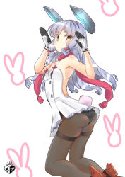 Rule 34 | 10s, 1girl, backless dress, backless outfit, bare shoulders, black pantyhose, blunt bangs, chize, dress, gloves, hair ribbon, headgear, kantai collection, long hair, looking at viewer, looking back, murakumo (kancolle), murakumo kai ni (kancolle), orange eyes, panties, panties under pantyhose, pantyhose, rabbit pose, rabbit tail, ribbon, short dress, short eyebrows, sidelocks, solo, strapless, strapless dress, tail, thighband pantyhose, tress ribbon, underwear, white background