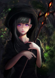 Rule 34 | 1girl, absurdres, black hair, cloak, eyelashes, forest, freckles, highres, holding, holding staff, hong pai, hood, hooded cloak, lips, long hair, looking at viewer, nature, original, outdoors, parted lips, pointy ears, purple eyes, solo, staff