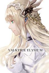 Rule 34 | 1girl, armor, armored dress, blonde hair, feather hair ornament, feathers, green eyes, hair ornament, highres, looking to the side, maria (valkyrie elysium), shoulder armor, shumizoku, valkyrie, valkyrie elysium, valkyrie profile (series)