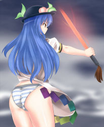 Rule 34 | 1girl, ass, blue hair, circussion, female focus, hat, hinanawi tenshi, long hair, no pants, panties, red eyes, solo, striped clothes, striped panties, sword, sword of hisou, touhou, underwear, weapon