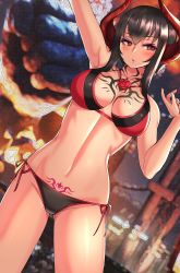 Rule 34 | 1girl, arm up, bikini, black bikini, black hair, blurry, blurry background, breasts, chest tattoo, clyde s, commentary, demon girl, demon horns, depth of field, dutch angle, eliza (tekken), english commentary, eyeliner, half-closed eyes, highres, horns, jewelry, large breasts, looking at viewer, makeup, mismatched bikini, navel, necklace, parted lips, pubic tattoo, red bikini, red eyes, red horns, short hair with long locks, sidelocks, solo, standing, swimsuit, tattoo, tekken
