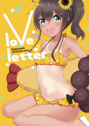 Rule 34 | 1girl, :d, armpits, bare shoulders, bikini, black hair, blue eyes, blush, brown hair, collarbone, commentary request, cover, cover page, ebi frion (matsuri channel), fingernails, flat chest, floral print, flower, green eyes, hair between eyes, hair flower, hair ornament, high ponytail, highres, holding, hololive, knees, looking at viewer, minamura haruki, natsuiro matsuri, natsuiro matsuri (hololive summer 2019), navel, official alternate costume, official art, one-piece tan, open mouth, orange background, orange bikini, orange print, ponytail, print bikini, round teeth, sandals, seiza, side ponytail, sitting, smile, solo, sunflower, sunflower hair ornament, swimsuit, tan, tanline, teeth, thighs, upper teeth only, virtual youtuber, wariza, white footwear, yellow flower