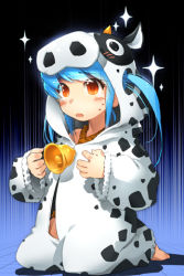 Rule 34 | 1girl, animal costume, bell, blue hair, blush, child, cow costume, cowbell, kneeling, lowres, luthica preventer, luticar, red eyes, sitting, solo, sparkle, sword girls, twintails, aged down