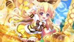 Rule 34 | 1girl, :d, arm up, armband, bee, blonde hair, blue sky, bow, breasts, brown bow, brown thighhighs, bug, cloud, concert, day, dot nose, dress, dutch angle, film grain, flower, game cg, hair bow, hasegawa mii, holding, holding microphone stand, honey, honeycomb (object), honeypot, insect, izumi tsubasu, lens flare, long hair, looking at viewer, microphone stand, non-web source, official art, open mouth, pom pom (clothes), purple eyes, re:stage!, sky, small breasts, smile, solo, sparkle, sparkling eyes, stage, striped bow, striped clothes, striped thighhighs, teeth, thighhighs, upper teeth only, v, vertical-striped clothes, vertical-striped thighhighs, white flower, white wristband, yellow armband, yellow dress