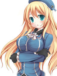 Rule 34 | 10s, 1girl, atago (kancolle), blonde hair, blue eyes, blue hat, blush, breast lift, breasts, crossed arms, gloves, godharo1, hat, highres, huge breasts, kantai collection, large breasts, long hair, looking at viewer, military, military uniform, open mouth, personification, solo, uniform