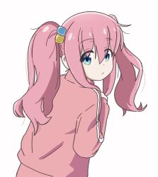 Rule 34 | 1girl, alternate hairstyle, blue eyes, bocchi the rock!, closed mouth, cube hair ornament, gotoh hitori, hair ornament, highres, long hair, long sleeves, looking at viewer, nekoko samurai, pink hair, pink track suit, striped, track suit, twintails, upper body, white background