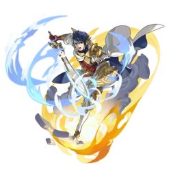 Rule 34 | 1boy, alfonse (fire emblem), armor, blue eyes, blue hair, boots, cape, crossover, dragalia lost, fire emblem, fire emblem heroes, full body, gloves, holding, holding sword, holding weapon, light, male focus, nintendo, non-web source, official art, red gloves, scale armor, shield, short hair, shoulder pads, solo, sword, transparent background, weapon