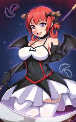 Rule 34 | 10s, 1girl, 2017, artist name, bare shoulders, black gloves, breasts, collarbone, demon girl, demon horns, demon wings, dress, elbow gloves, exlic, fang, female focus, gabriel dropout, gloves, hair rings, halterneck, holding, holding weapon, horns, large breasts, looking at viewer, open mouth, purple eyes, red hair, satanichia kurumizawa mcdowell, scythe, shiny skin, short hair, sidelocks, sleeveless, sleeveless dress, solo, standing, thighhighs, weapon, white thighhighs, wings