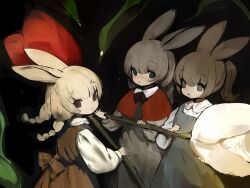 Rule 34 | 3girls, animal ears, apron, back bow, black background, blonde hair, blue eyes, bow, braid, brown dress, brown eyes, brown hair, capelet, clenched hand, commentary, dress, empty eyes, flower, grey apron, grey dress, highres, looking at viewer, medium hair, multiple girls, original, oversized flower, parted lips, ponytail, rabbit ears, rabbit girl, red capelet, red eyes, red flower, red tulip, shirokujira, shirt, short hair, simple background, sketch, tulip, twin braids, upper body, white flower, white shirt, white tulip