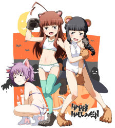Rule 34 | 10s, 3girls, :3, = =, ahoge, animal ears, animal hands, aqua thighhighs, arm around shoulder, bare shoulders, bat (animal), bear ears, black eyes, black hair, blush, brown eyes, brown hair, candle, cat ears, cat tail, covering breasts, covering crotch, covering privates, fang, gloves, halloween, jack-o&#039;-lantern, kantai collection, kitakami (kancolle), kuma (kancolle), leg up, long hair, looking at viewer, midriff, moon, multiple girls, navel, open mouth, paw gloves, paw shoes, purple hair, raccoon ears, raccoon tail, shoes, squatting, sweatdrop, tabigarasu, tail, tama (kancolle), thighhighs
