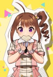 Rule 34 | 1girl, ahoge, baozi, black necktie, blush, brown hair, buttons, dot nose, double-breasted, drill hair, eating, food, future signature (idolmaster), hair ribbon, highres, idolmaster, idolmaster million live!, idolmaster million live! theater days, kamille (vcx68), medium hair, necktie, outline, pink shirt, pink skirt, plaid, plaid shirt, plaid skirt, purple eyes, ribbon, shapes, shirt, side drill, simple background, skirt, smile, solo, thick outlines, white outline, wrist cuffs, yellow background, yokoyama nao