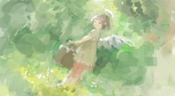 Rule 34 | 1girl, angel wings, backlighting, bad drawr id, bad id, blunt bangs, blurry, bokeh, brown hair, closed mouth, depth of field, dress, dutch angle, expressionless, feathered wings, forest, from behind, full body, grass, green dress, green theme, halo, holding, holding suitcase, looking at viewer, looking back, nature, nonica, oekaki, original, outdoors, scenery, short hair, short sleeves, solo, standing, suitcase, sunlight, tree, white wings, wings