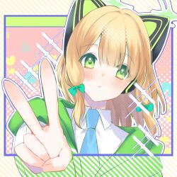 Rule 34 | 1girl, animal ear headphones, animal ears, blonde hair, blue archive, blue necktie, blunt bangs, blush, bow, cat ears, close-up, closed mouth, collared shirt, commentary request, expressionless, fake animal ears, foreshortening, green bow, green eyes, green halo, green hoodie, hair between eyes, hair bow, halo, hand up, head tilt, headphones, heart, highres, hood, hood down, hoodie, looking at viewer, medium hair, midori (blue archive), momokokuma, necktie, pink background, polka dot, polka dot background, shirt, simple background, sparkle, striped, striped background, tareme, v, white shirt, window (computing), yellow background