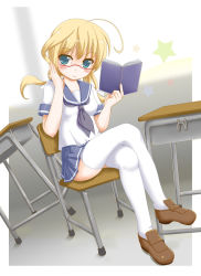 Rule 34 | 10s, 1girl, bad id, bad pixiv id, blonde hair, blue eyes, book, chair, crossed legs, desk, flipper, glasses, i-8 (kancolle), kantai collection, long hair, no headwear, personification, red-framed eyewear, school uniform, serafuku, sitting, smile, solo, table, thighhighs, twintails, white thighhighs, window