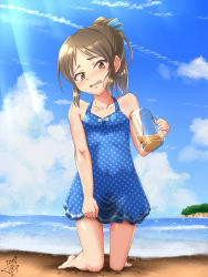Rule 34 | 1girl, absurdres, alcohol, artist name, bare shoulders, barefoot, beach, beer, blue one-piece swimsuit, blue ribbon, blue sky, blush, brown eyes, brown hair, clenched hand, cloud, collarbone, covered navel, cup, dated, day, drink, embarrassed, female focus, flat chest, full body, hair ribbon, hand up, head tilt, highres, holding, horizon, idolmaster, idolmaster cinderella girls, idolmaster cinderella girls starlight stage, junpiro, kneeling, looking at viewer, matching hair/eyes, mug, nose blush, ocean, one-piece swimsuit, open mouth, outdoors, peeing, peeing self, ponytail, ribbon, sand, shiny skin, signature, sky, solo, sparkle, sunlight, swimsuit, tachibana arisu, tears, water, wavy eyes, wavy mouth, wet, wet clothes
