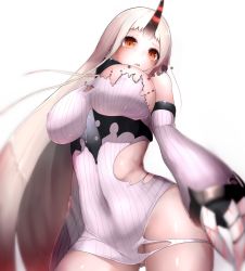 Rule 34 | 10s, 1girl, abyssal ship, bare shoulders, blush, boruhis, breasts, claws, colored skin, covered navel, cowboy shot, detached sleeves, dress, highres, horns, kantai collection, large breasts, long hair, looking at viewer, naked sweater, no panties, pale skin, red eyes, ribbed sweater, seaport princess, short dress, simple background, single horn, solo, sweater, sweater dress, torn clothes, torn dress, white background, white dress, white hair, white skin