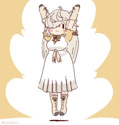 Rule 34 | 1girl, animal ears, apron, arms up, boots, bow, bowtie, brown background, coroha, cow ears, cow girl, cow horns, extra ears, full body, gloves, grey hair, horns, jumping, kemono friends, long hair, looking at viewer, shirt, simple background, skirt, solo, yak (kemono friends)