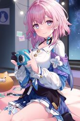 Rule 34 | 1girl, black footwear, black gloves, blue eyes, blue skirt, breasts, camera, closed mouth, collared shirt, commentary, dress shirt, english commentary, full body, gloves, hair between eyes, highres, hitsukuya, holding, holding camera, honkai: star rail, honkai (series), jacket, long sleeves, looking at viewer, march 7th (honkai: star rail), medium breasts, night, night sky, partially fingerless gloves, pink hair, pleated skirt, purple eyes, shirt, shoes, single glove, sitting, skirt, sky, smile, solo, star (sky), stuffed toy, tied jacket, white shirt, window