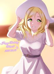 Rule 34 | 1girl, artist name, artist request, belt, blonde hair, blush, bracelet, braid, breasts, brown belt, brown eyes, closed mouth, crown braid, day, dress, female focus, green eyes, hair rings, hat, highres, holding, holding clothes, holding hat, jewelry, looking at viewer, love live!, love live! sunshine!!, medium breasts, ohara mari, orange sky, outdoors, parted lips, qnsya, short hair, short sleeves, skirt, sky, smile, solo, sundress, teeth, white dress, white hat, white skirt, yellow eyes, yellow sky