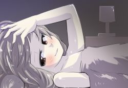 Rule 34 | 1girl, animal ears, bed sheet, blush, female focus, gaoo (frpjx283), grey hair, hand on own head, lamp, looking at viewer, lying, mouse ears, naked sheet, nazrin, nude, on back, on bed, pov across bed, red eyes, short hair, smile, solo, touhou, under covers