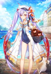 Rule 34 | 1girl, age of ishtaria, bag, bird, blue neckerchief, blue one-piece swimsuit, blue sky, blush, bow, cagliostro (age of ishtaria), cat, coat, copyright name, copyright notice, covered navel, hair bow, hair ornament, hat, highres, looking at viewer, munlu (wolupus), neckerchief, ocean, one-piece swimsuit, purple hair, red eyes, sailor collar, seagull, shoulder bag, sky, solo, swimsuit, white bow, white coat, white hat