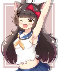 Rule 34 | 1girl, ;d, absurdres, ahoge, animal ears, arm up, armpits, black hair, blunt bangs, bow, breasts, brown eyes, cat ears, commentary request, hair bow, hair ribbon, highres, long hair, looking at viewer, medium breasts, navel, one eye closed, open mouth, original, pleated skirt, resolution mismatch, ribbon, school uniform, serafuku, sidelocks, simple background, skirt, smile, solo, source smaller, two-tone background, zendamu