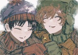 Rule 34 | 2boys, beanie, black hair, blue hat, blush, brown coat, closed eyes, coat, fur hat, gloves, green gloves, green hat, hat, highres, kyle broflovski, laughing, male focus, multiple boys, open mouth, orange coat, pom pom (clothes), pom pom beanie, red gloves, red hair, short hair, simple background, south park, stan marsh, ushanka, wa noko, wavy hair, white background