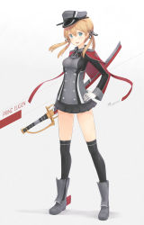 Rule 34 | 1girl, :d, artist name, black skirt, black thighhighs, blonde hair, blue eyes, character name, dan (kumadan), gloves, hair between eyes, highres, holding, holding sword, holding weapon, kantai collection, long hair, long sleeves, low twintails, military, military uniform, miniskirt, open mouth, pleated skirt, prinz eugen (kancolle), skirt, smile, solo, sword, thighhighs, twintails, twitter username, uniform, weapon, white gloves