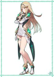 Rule 34 | 1girl, absurdres, baffu, bare legs, blonde hair, breasts, brown eyes, cleavage, cleavage cutout, clothing cutout, commentary request, crossed arms, dress, earrings, elbow gloves, gloves, hair ornament, hairband, highres, jewelry, large breasts, long hair, looking away, mythra (xenoblade), nintendo, pauldrons, shoes, shoulder armor, side cutout, sidelocks, sleeveless, sleeveless dress, solo, thigh strap, white background, white dress, xenoblade chronicles (series), xenoblade chronicles 2