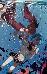 Rule 34 | 2girls, air bubble, black bow, black skirt, black socks, blue hair, bow, bowtie, bubble, choroi amachori, closed eyes, crying, debris, detached sleeves, dress, from side, hair ornament, hairclip, hand grab, hands up, high collar, highres, juliet sleeves, long hair, long sleeves, looking at another, mahou shoujo madoka magica, mahou shoujo madoka magica (anime), miki sayaka, mitakihara school uniform, multiple girls, parted lips, plaid, plaid skirt, pleated skirt, ponytail, profile, puffy sleeves, red bow, red bowtie, red dress, red eyes, red hair, sakura kyoko, school uniform, shirt, short hair, sinking, skirt, sleeve cuffs, sleeveless, sleeveless dress, smile, socks, tears, unconscious, underwater, white sleeves, yellow shirt