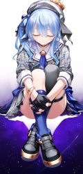 Rule 34 | 1girl, beret, blue hair, closed eyes, comet, crossed legs, dress, fenrir (fenlil0316), gloves, gradient background, grey hat, hat, highres, holding legs, hololive, hoshimachi suisei, hoshimachi suisei (1st costume), plaid, plaid dress, plaid headwear, ribbon, shoes, side ponytail, single thighhigh, sitting, solo, star (sky), thigh strap, thighhighs, virtual youtuber