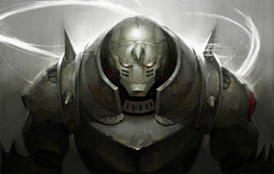 Rule 34 | 1boy, alphonse elric, armor, full armor, full body, fullmetal alchemist, glowing, glowing eyes, gradient background, grey background, horns, looking at viewer, male focus, manly, simple background, single horn, solo, spikes, upper body, white-corner, white eyes