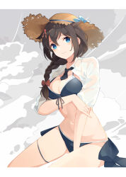 Rule 34 | 1girl, absurdres, arm under breasts, bikini, blue eyes, blue flower, bow, braid, breasts, brown eyes, brown hat, cleavage, closed mouth, flower, hair between eyes, hair bow, hair flaps, hair flower, hair ornament, hair over shoulder, hat, hat flower, highres, kantai collection, long hair, looking at viewer, medium breasts, red bow, shakemi (sake mgmgmg), shigure (kancolle), short sleeves, simple background, single braid, solo, straw hat, swimsuit