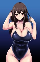 Rule 34 | 10s, 1girl, adjusting hair, akagi (kancolle), alternate costume, blue theme, blush, breasts, brown eyes, brown hair, cleavage, collarbone, competition school swimsuit, gradient background, highleg, highleg swimsuit, ishimiso (ishimura), kantai collection, large breasts, long hair, looking at viewer, one-piece swimsuit, personification, school swimsuit, shiny clothes, smile, solo, swimsuit