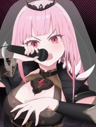 Rule 34 | black dress, blunt bangs, breasts, capelet, cloak, coat, cold jason, detached sleeves, dress, gem, highres, holding, hololive, hololive english, large breasts, long hair, looking at viewer, microphone, mori calliope, open mouth, pink eyes, pink hair, rapping, shoulder spikes, spikes, tiara, veil, virtual youtuber