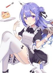 Rule 34 | 1girl, :o, alternate costume, apron, azur lane, bad id, bad pixiv id, black bow, black dress, black ribbon, blush, bow, breasts, cake, cake slice, clothes between thighs, commentary request, cup, dress, enmaided, fingernails, food, fork, frilled apron, frilled dress, frills, garter straps, hair between eyes, hair bun, hair ornament, hair ribbon, hands up, highres, holding, holding tray, izumo neru, long hair, looking at viewer, maid, maid apron, parted lips, plate, puffy short sleeves, puffy sleeves, purple eyes, purple hair, ribbon, short sleeves, side bun, simple background, single hair bun, single side bun, sitting, small breasts, solo, stuffed animal, stuffed pegasus, stuffed toy, stuffed unicorn, stuffed winged unicorn, tea, teacup, thighhighs, tray, unicorn (azur lane), very long hair, white apron, white background, white thighhighs, wrist cuffs