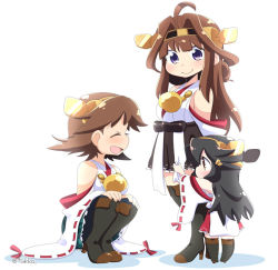 Rule 34 | 10s, 3girls, bare shoulders, black hair, brown hair, clothes grab, detached sleeves, double bun, closed eyes, hairband, haruna (kancolle), hiei (kancolle), japanese clothes, kantai collection, kongou (kancolle), long hair, multiple girls, nontraditional miko, open mouth, purple eyes, ribbon-trimmed sleeves, ribbon trim, short hair, simple background, smile, squatting, thighhighs, tsukko (3ki2ne10), white background, aged down