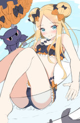 Rule 34 | 1girl, abigail williams (fate), absurdres, animal, bare arms, bare shoulders, bikini, black bikini, black bow, blonde hair, blue eyes, blue sky, blush, bow, closed mouth, cloud, day, double bun, emerald float, fate/grand order, fate (series), hair bow, hair bun, highres, long hair, moyoron, octopus, official alternate costume, orange bow, outdoors, parted bangs, side bun, sidelocks, sketch, sky, smile, suction cups, swimsuit, tentacles, tokitarou (fate), transparent