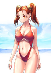 Rule 34 | 1girl, beach, blue sky, breasts, brown eyes, brown hair, cleavage, clothing cutout, cloud, commentary request, day, dragon quest, dragon quest viii, highleg, highleg swimsuit, highres, jessica albert, large breasts, long hair, navel cutout, one-piece swimsuit, outdoors, red one-piece swimsuit, revealing swimsuit (dq), sky, solo, standing, swimsuit, twintails, v2