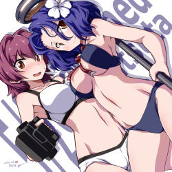 Rule 34 | 2girls, 547th sy, text background, bikini, blush, breasts, brown eyes, dated, flower, hair flower, hair ornament, halo, hibiscus, highres, kantai collection, kinu (kancolle), large breasts, mechanical halo, multiple girls, navel, neck ribbon, open mouth, pink hair, purple bikini, purple hair, red neckwear, ribbon, sideboob, signature, simple background, smile, sweat, swimsuit, tatsuta (kancolle), wavy mouth, white background, white bikini, white flower