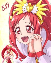 Rule 34 | 1girl, :d, blush, chocokin, close-up, cure ace, dokidoki! precure, figure, happy, lipstick, long hair, madoka aguri, magical girl, makeup, open mouth, own hands clasped, own hands together, precure, red eyes, red hair, red lips, smile, solo, sparkle, wrist cuffs