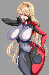 Rule 34 | 1girl, absurdres, blonde hair, blush, bodysuit, breasts, covered erect nipples, covered navel, era (erasion), eyepatch, fellatio gesture, grey background, hair ornament, hair over one eye, hairclip, hand gesture, hand on own hip, highres, long hair, looking at viewer, medium breasts, nemesis (tower of fantasy), open mouth, see-through, skin tight, thighs, tongue, tongue out, tower of fantasy