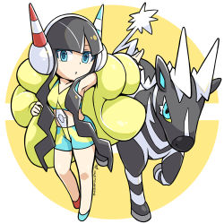 Rule 34 | 1girl, armpits, black hair, blue eyes, chibi, coat, creatures (company), elesa (pokemon), full body, game freak, gen 5 pokemon, gym leader, headphones, long hair, looking at viewer, multicolored clothes, multicolored shorts, nintendo, outstretched arm, padded coat, peron (niki2ki884), pokemon, pokemon (creature), pokemon bw2, pokemon masters ex, puffy coat, shorts, signature, standing, very long hair, yellow coat, zebstrika