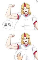 Rule 34 | 1girl, ^ ^, blonde hair, breasts, clenched hand, closed eyes, english text, flexing, grabbing, grabbing another&#039;s breast, gym shirt, head tilt, highres, horns, hoshiguma yuugi, huge breasts, long hair, looking at viewer, omikami, open mouth, red eyes, shirt, single horn, smile, solo focus, surprised, touhou, white shirt