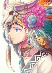 Rule 34 | 1boy, animal skull, bead necklace, beads, blue eyes, closed mouth, coin hair ornament, collarbone, earrings, fang, feather hair ornament, feathers, fringe trim, from side, gem, green hair, hair ornament, headdress, highres, himori yuhara, horn ornament, horns, jewelry, lips, looking away, male focus, neck ring, necklace, original, pelt, portrait, simple background, smile, solo, v-neck, white background