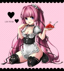 Rule 34 | 1girl, :p, apron, bandaid, black thighhighs, blue eyes, blush, bottomless, breasts, cleavage, emu (trigger), english text, food, fork, hair ornament, heart, highres, lolita fashion, long hair, original, pink hair, sitting, smile, thighhighs, tongue, tongue out, twintails, very long hair